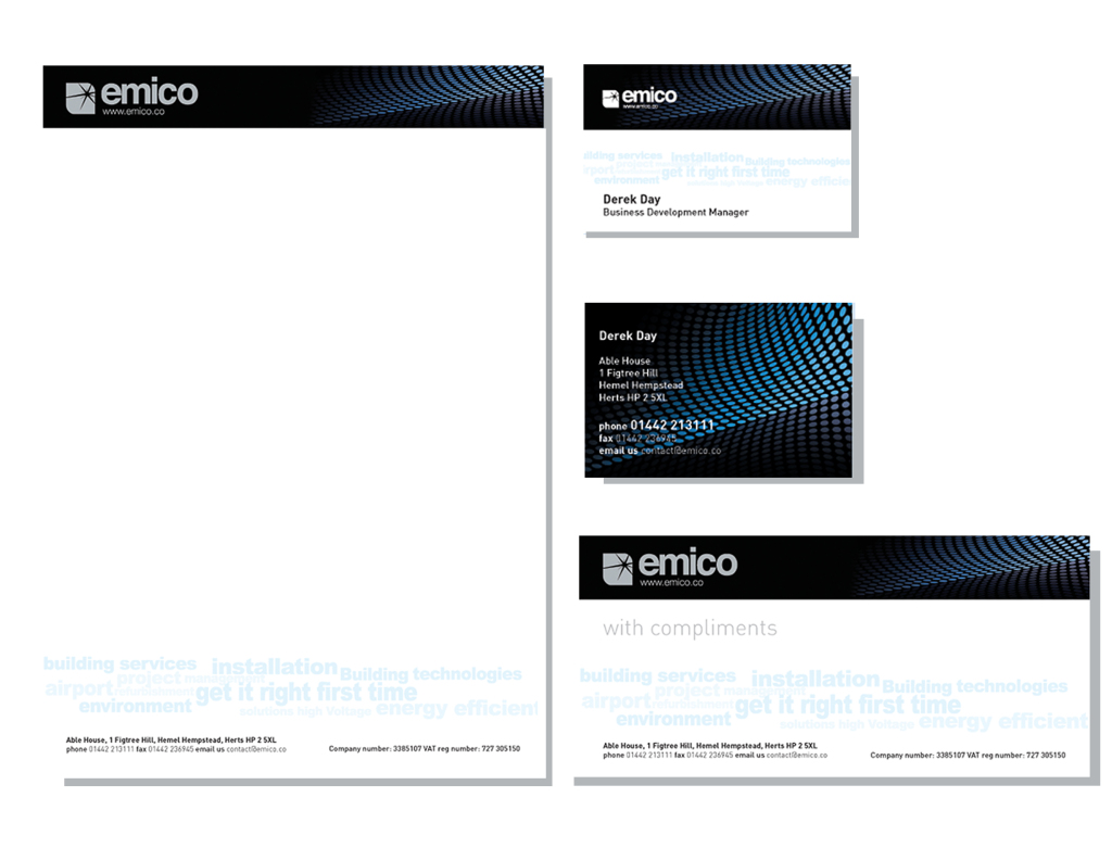 Emico corporate stationery designed by Big Stick