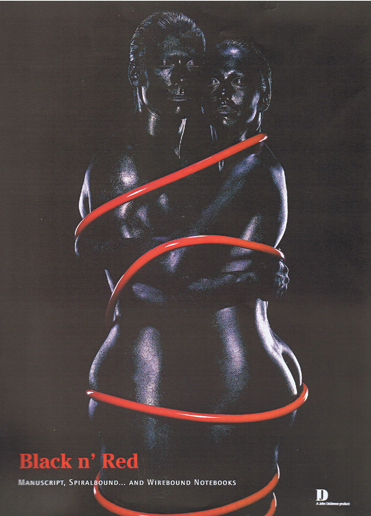 a photography of a couple painted black on a black background entwined in red wiro binding